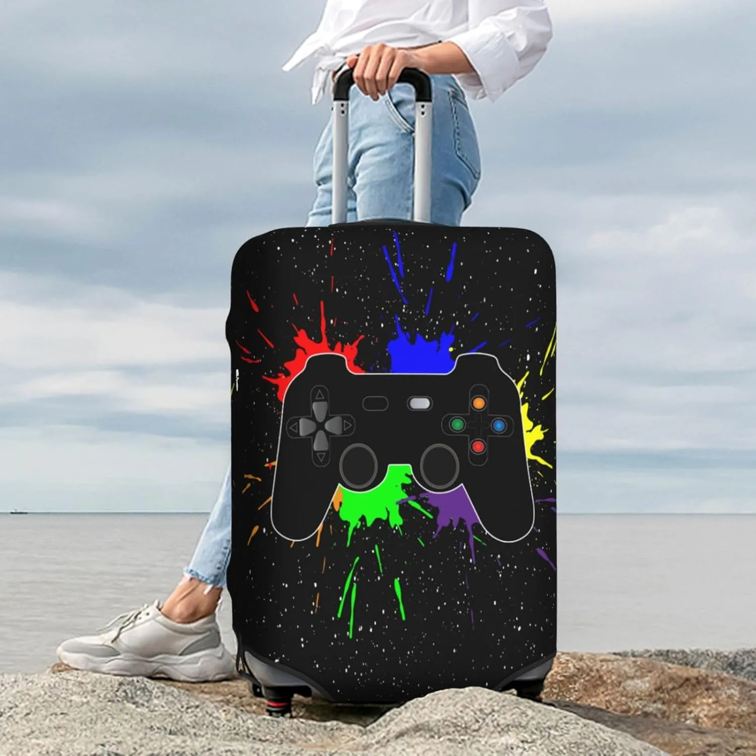 Hipster Game Controller Pattern Luggage Suitcase Covers Elastic Washable Game Joystick Luggage Protector Travel Suitcase Protective Cover For Kid And Adult, M (Fit 22-24 Inch Luggage)