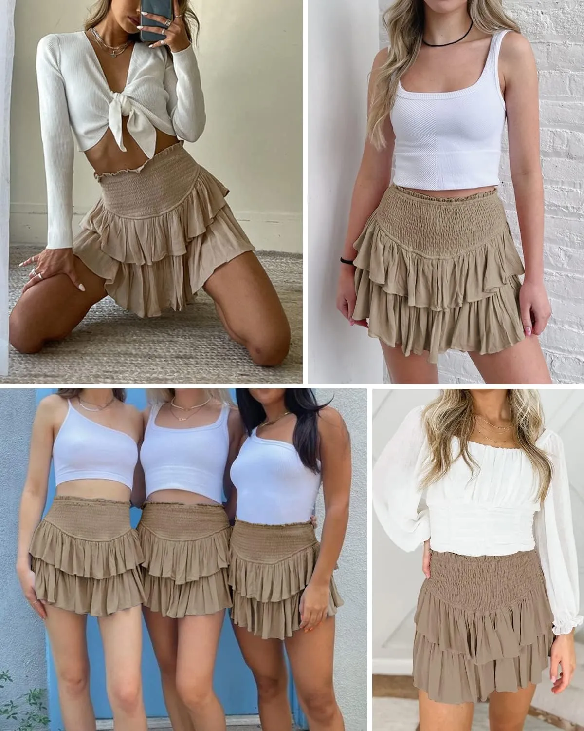 HOKOYI Women's Summer High Waist Smocked Ruffle Skirt Cute Flowy Layered Mini Skirt Skort Beach Casual