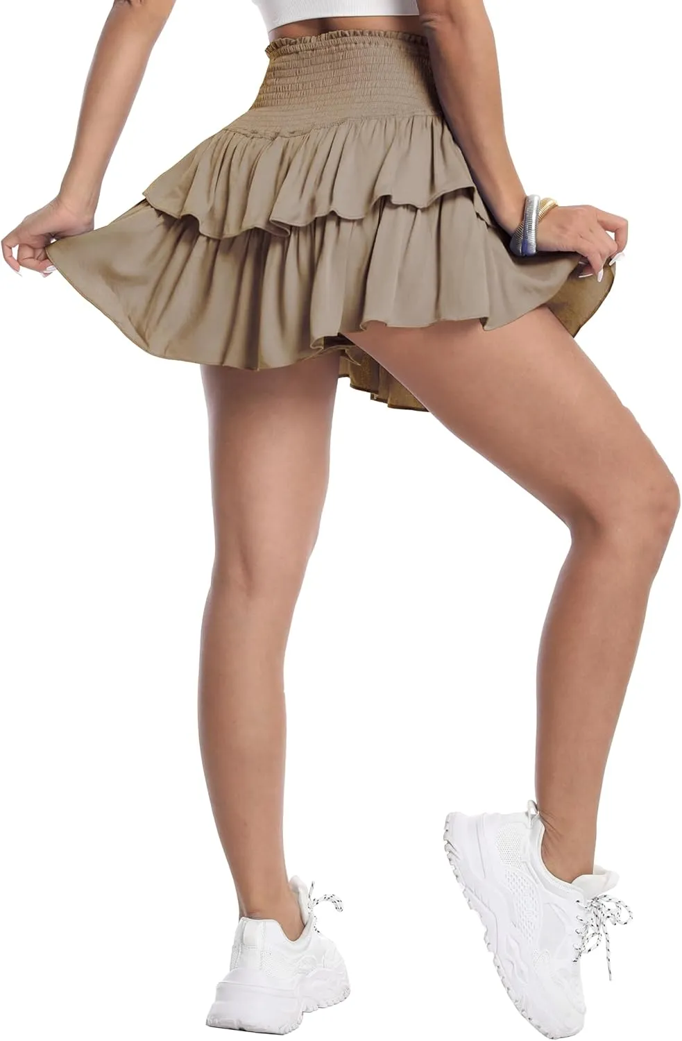 HOKOYI Women's Summer High Waist Smocked Ruffle Skirt Cute Flowy Layered Mini Skirt Skort Beach Casual