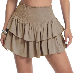 HOKOYI Women's Summer High Waist Smocked Ruffle Skirt Cute Flowy Layered Mini Skirt Skort Beach Casual