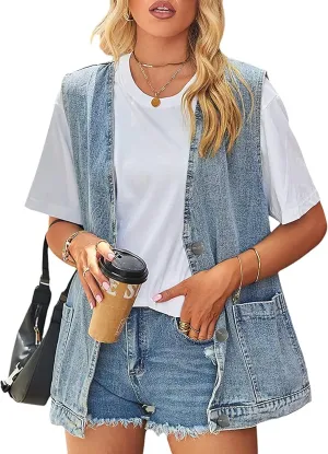 Huaqiao Womens Denim Vest Mid long Jacket Jean Sleeveless Vest with Pockets