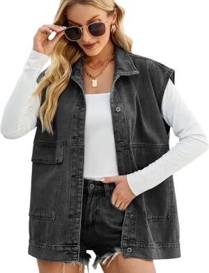 Huaqiao Womens Denim Vest Mid long Jacket Jean Sleeveless Vest with Pockets