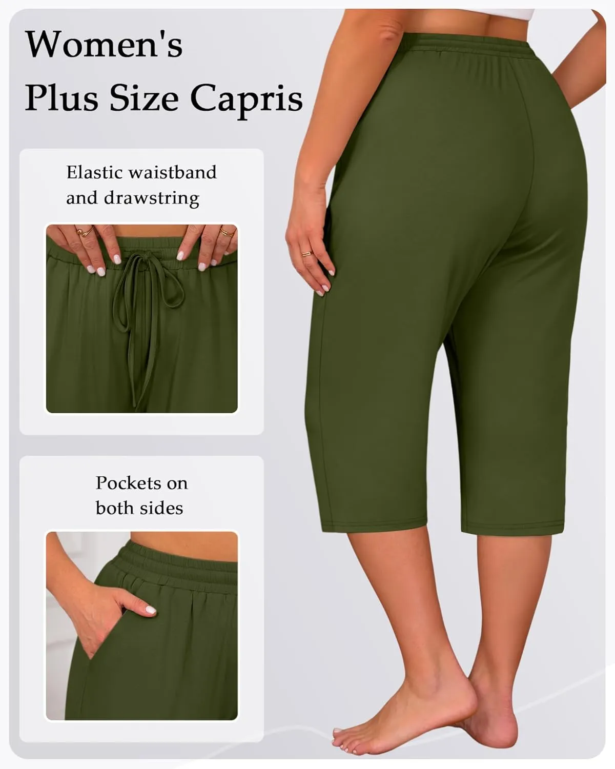 Huukeay 3 Pack Women's Plus Size Capris, Drawstring Cotton Yoga Capri Sweatpants Summer Casual Loose Cropped Pant with Pocket