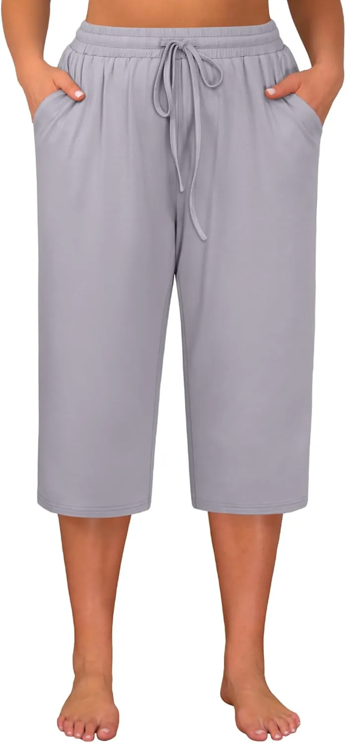Huukeay 3 Pack Women's Plus Size Capris, Drawstring Cotton Yoga Capri Sweatpants Summer Casual Loose Cropped Pant with Pocket