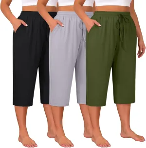 Huukeay 3 Pack Women's Plus Size Capris, Drawstring Cotton Yoga Capri Sweatpants Summer Casual Loose Cropped Pant with Pocket