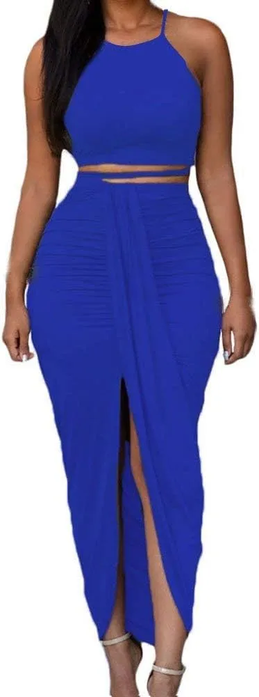 HUUSA Women's Sexy 2 Piece Skirt Sets Elegant Bodycon Maxi Dress Sleeveless Tank Shirt Tops High Waist Ruched Slit Long Dress