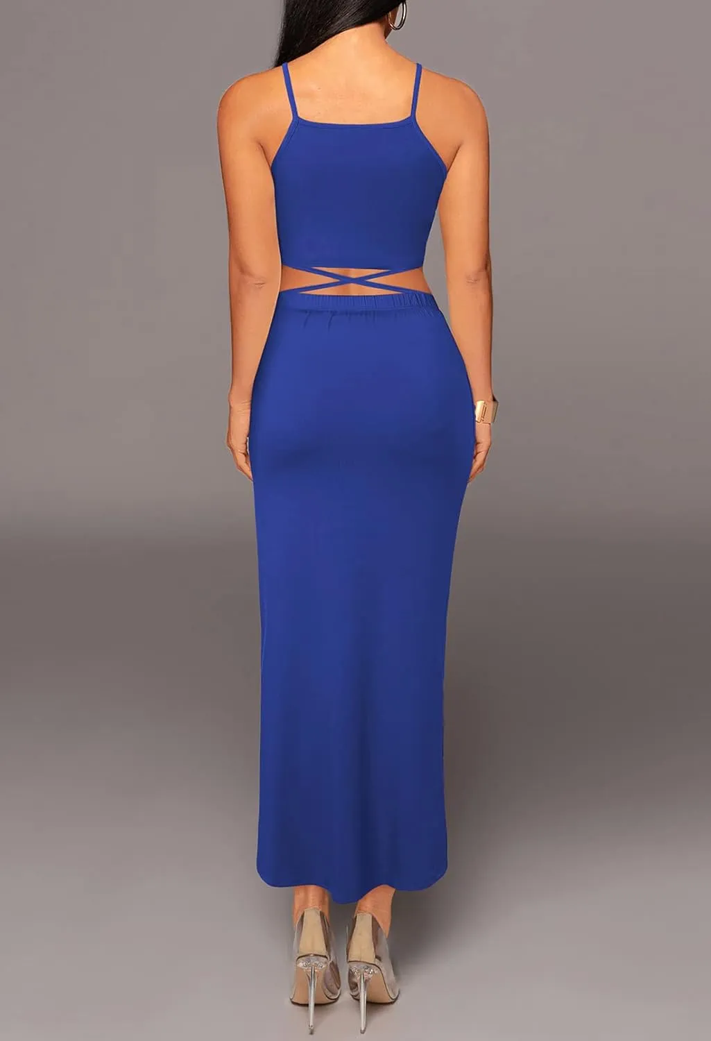 HUUSA Women's Sexy 2 Piece Skirt Sets Elegant Bodycon Maxi Dress Sleeveless Tank Shirt Tops High Waist Ruched Slit Long Dress