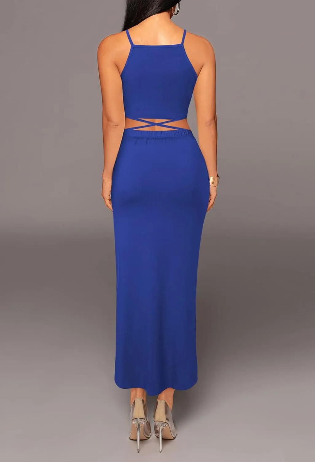 HUUSA Women's Sexy 2 Piece Skirt Sets Elegant Bodycon Maxi Dress Sleeveless Tank Shirt Tops High Waist Ruched Slit Long Dress