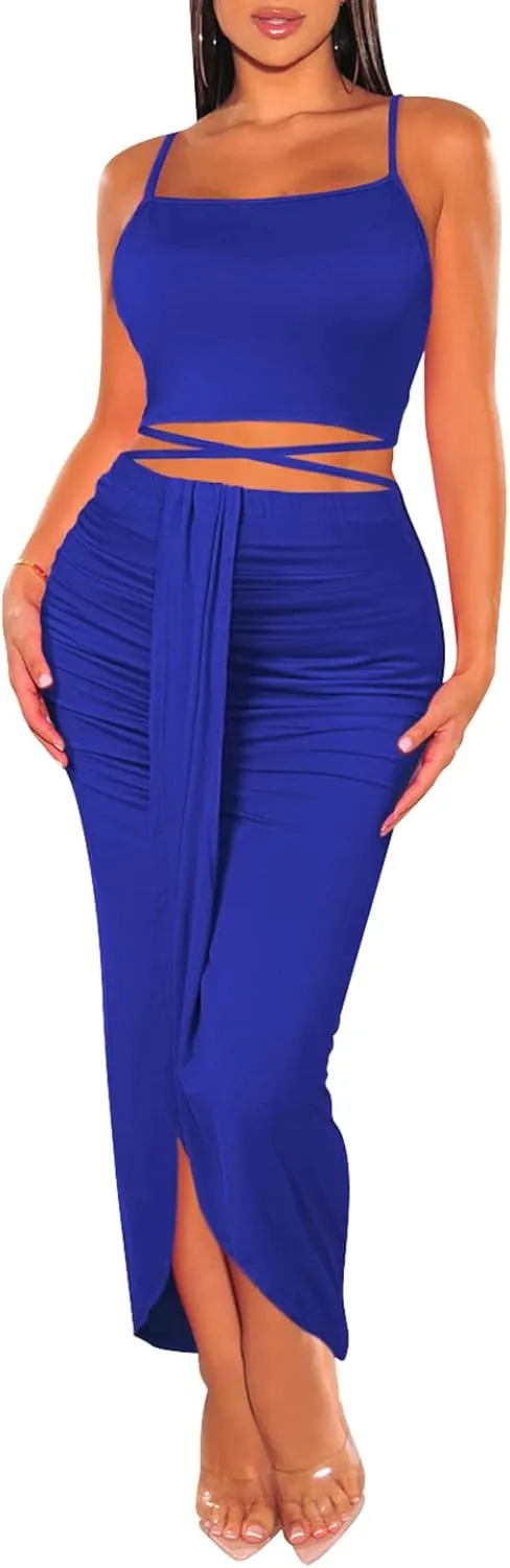 HUUSA Women's Sexy 2 Piece Skirt Sets Elegant Bodycon Maxi Dress Sleeveless Tank Shirt Tops High Waist Ruched Slit Long Dress