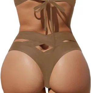 HYTENSUN Women's Cheeky V Cut Back High Waisted Bikini Bottom Cross Criss Swimsuit Bottoms