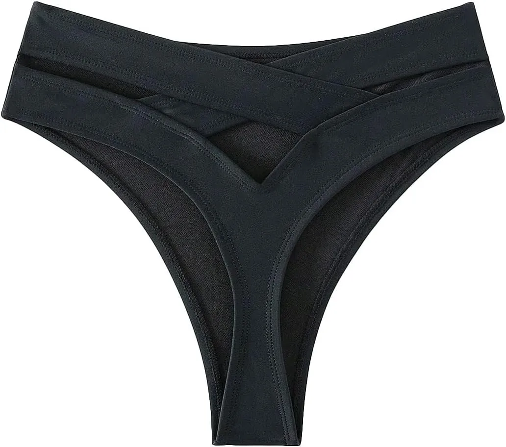 HYTENSUN Women's Cheeky V Cut Back High Waisted Bikini Bottom Cross Criss Swimsuit Bottoms