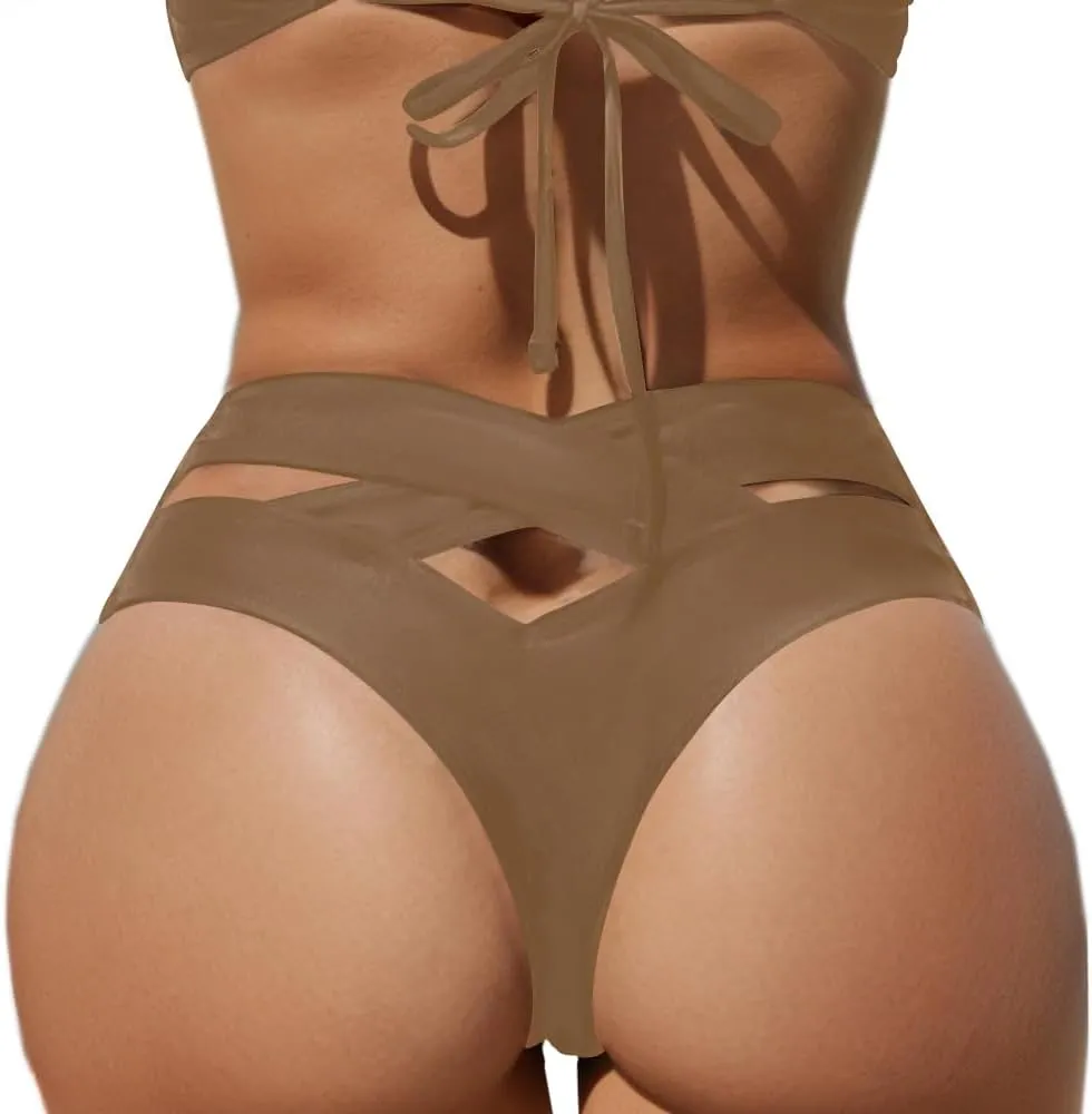 HYTENSUN Women's Cheeky V Cut Back High Waisted Bikini Bottom Cross Criss Swimsuit Bottoms