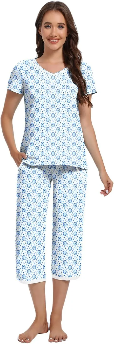 IZZY   TOBY Women'S Pajama Set Short Sleeve With Pocket Cotton Pajamas For Women