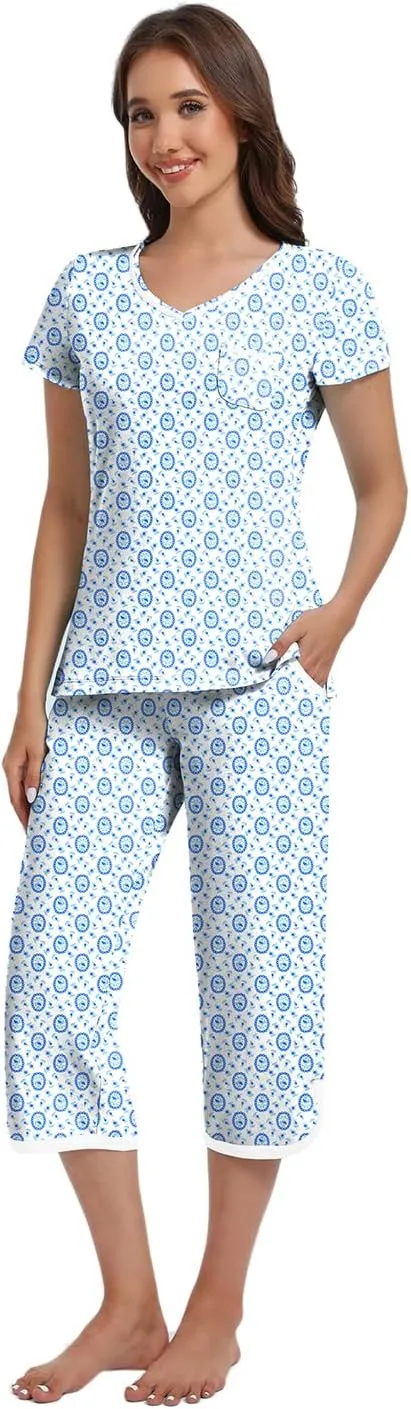 IZZY   TOBY Women'S Pajama Set Short Sleeve With Pocket Cotton Pajamas For Women