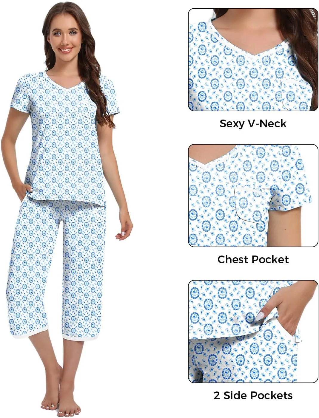 IZZY   TOBY Women'S Pajama Set Short Sleeve With Pocket Cotton Pajamas For Women