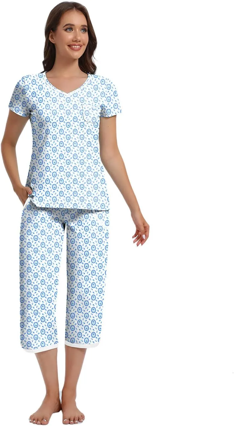 IZZY   TOBY Women'S Pajama Set Short Sleeve With Pocket Cotton Pajamas For Women