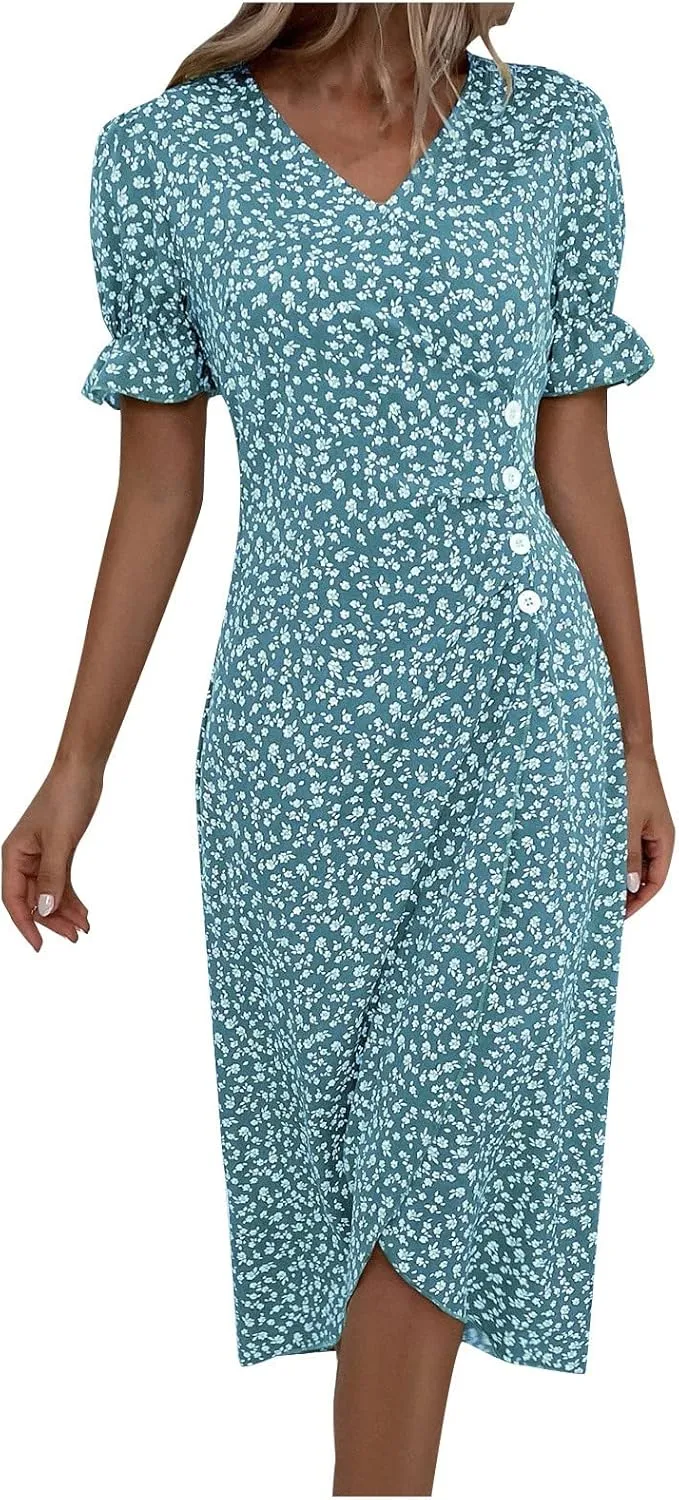 JJHAEVDY Dresses for Women 2024 Printed Short Sleeve Dress V Neck Ruffle Hem Dresses Summer Beach Dresses Elegant Midi Dress