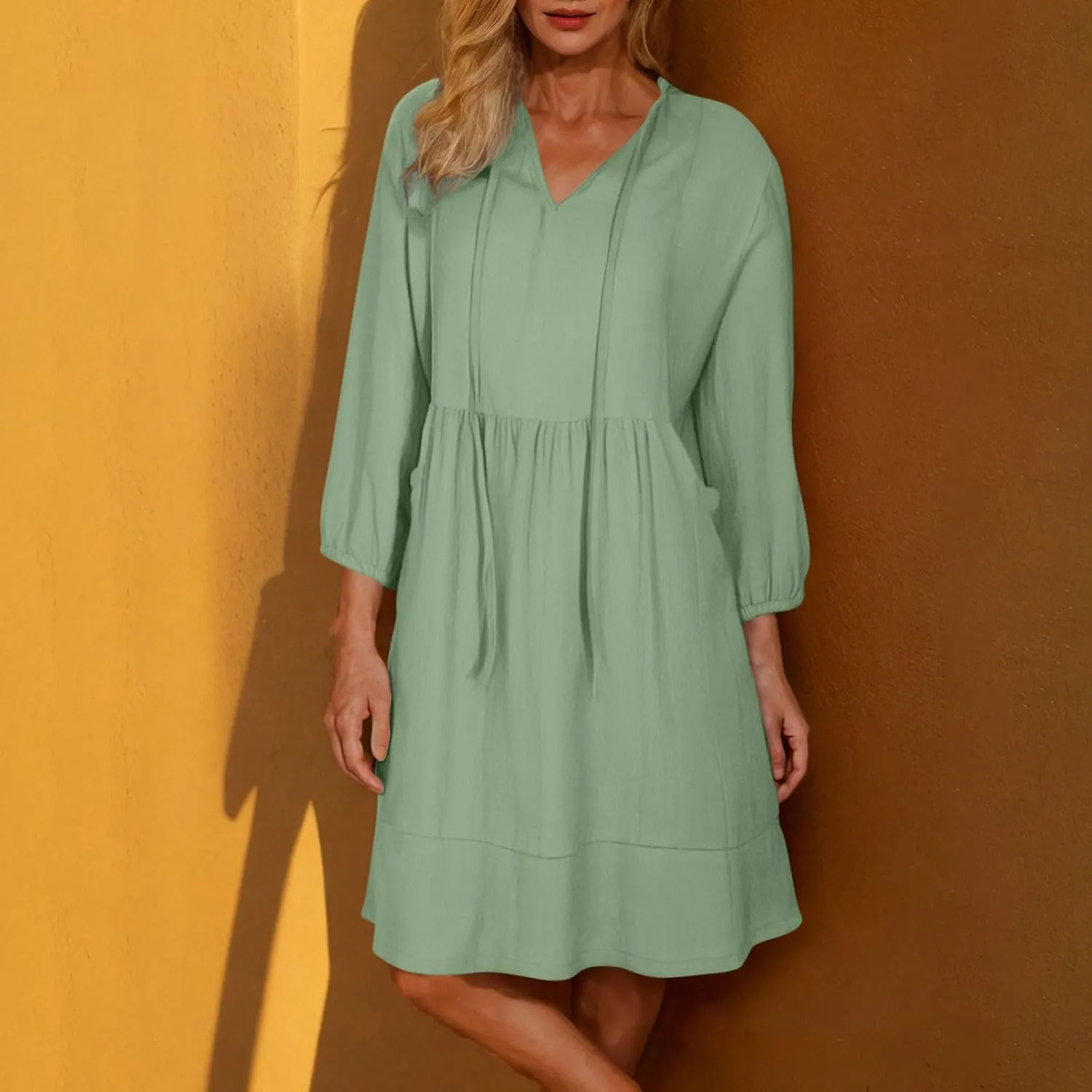 JOAU Womens 3/4 Sleeve Shirt Dress Summer Casual V Neck Drawstring Ruffle Hem A-Line Pleated Beach Midi Dresses with Pockets
