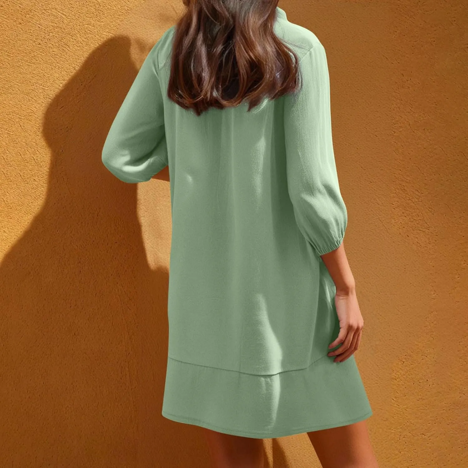 JOAU Womens 3/4 Sleeve Shirt Dress Summer Casual V Neck Drawstring Ruffle Hem A-Line Pleated Beach Midi Dresses with Pockets