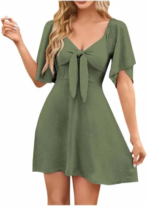 JOAU Women's Twist Front Bowknot Ruffle Short Sleeve Summer Dress Casual Bow Tie V Neck Elegant Tunic Mini Dresses