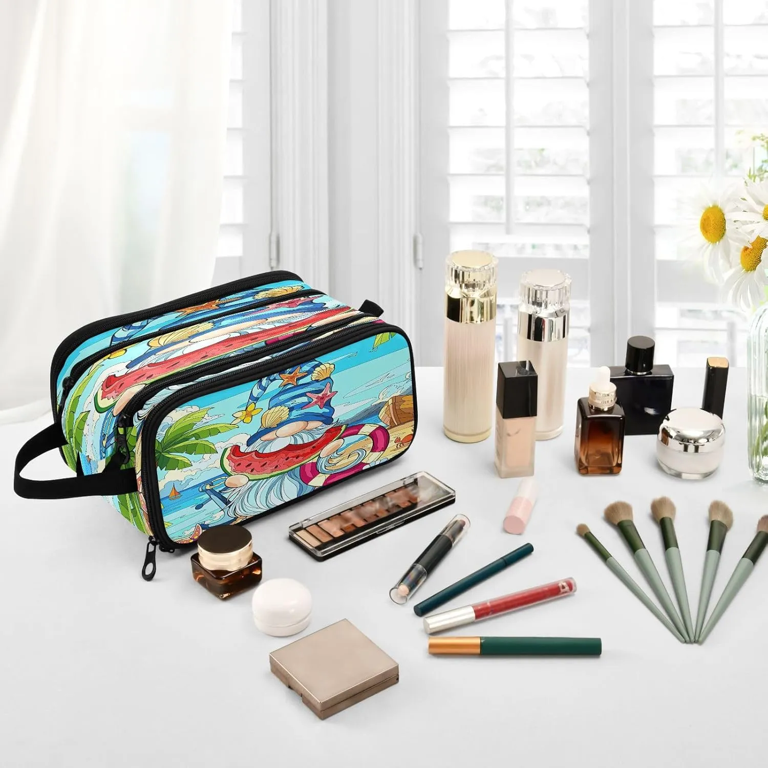JSTEL Cosmetic Bag, Beach Gnome Make Up Bag, Portable Makeup Storage Organizer, Double Zipper, 3 Compartments, Multicolor, Soft Shell, Unisex