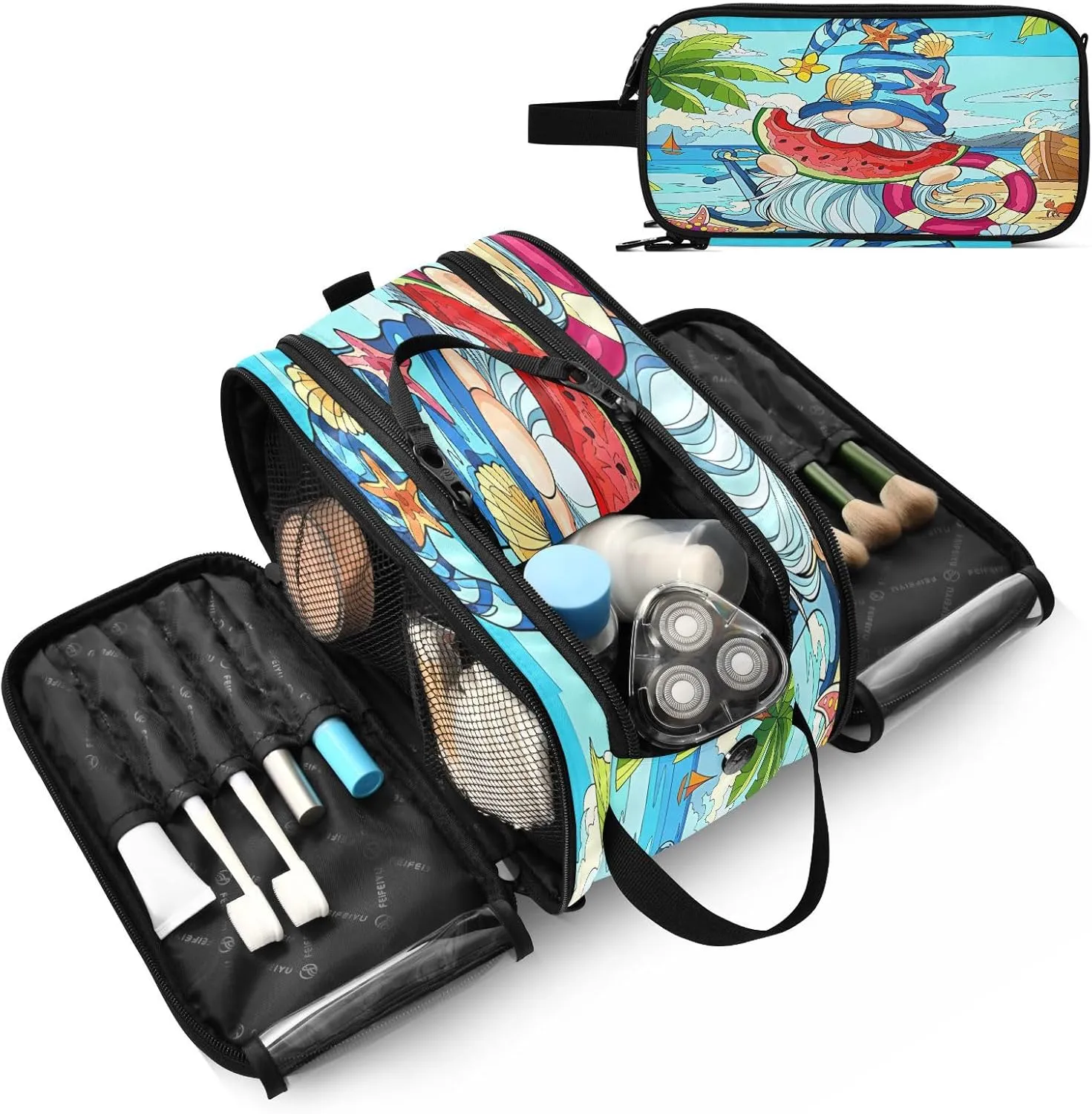 JSTEL Cosmetic Bag, Beach Gnome Make Up Bag, Portable Makeup Storage Organizer, Double Zipper, 3 Compartments, Multicolor, Soft Shell, Unisex