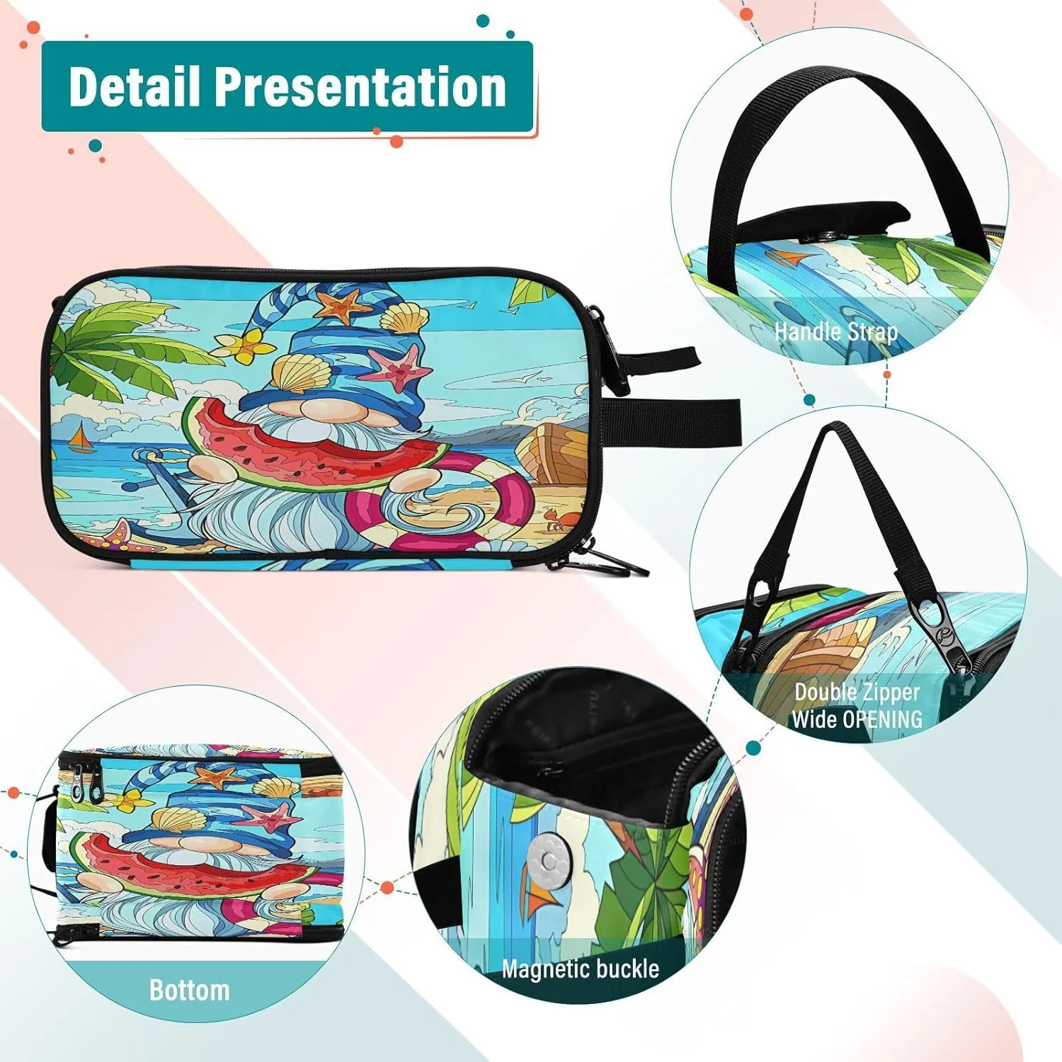 JSTEL Cosmetic Bag, Beach Gnome Make Up Bag, Portable Makeup Storage Organizer, Double Zipper, 3 Compartments, Multicolor, Soft Shell, Unisex