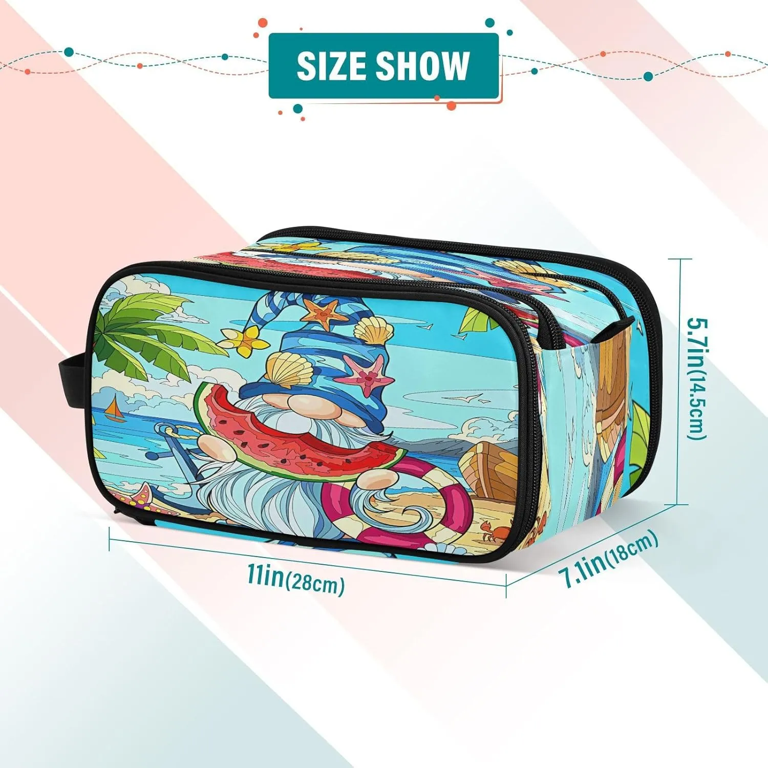 JSTEL Cosmetic Bag, Beach Gnome Make Up Bag, Portable Makeup Storage Organizer, Double Zipper, 3 Compartments, Multicolor, Soft Shell, Unisex