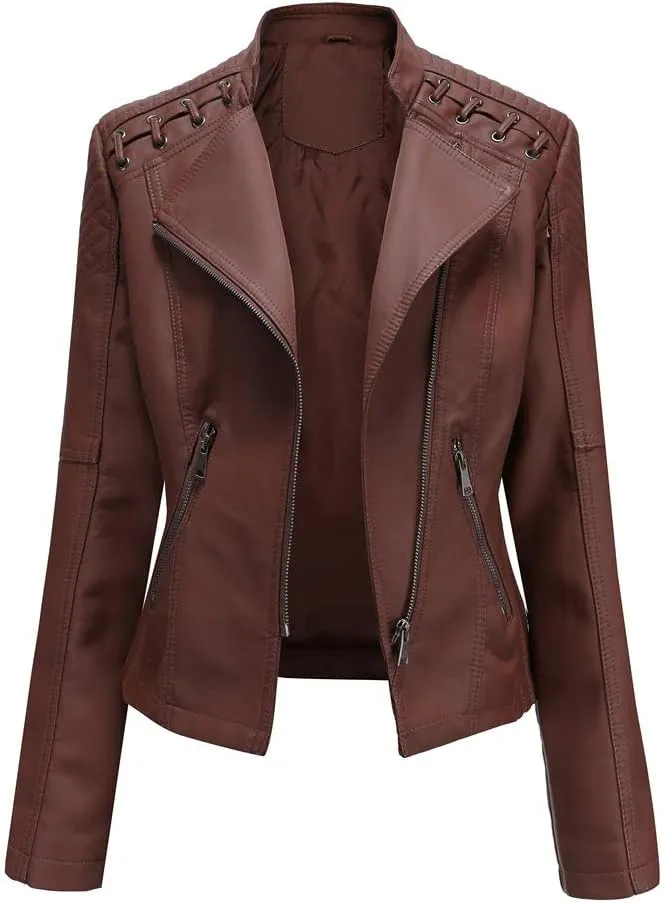 Julymens Women's Faux Leather Motorcycle Jacket Fashion Slim Fit Short Biker Coat