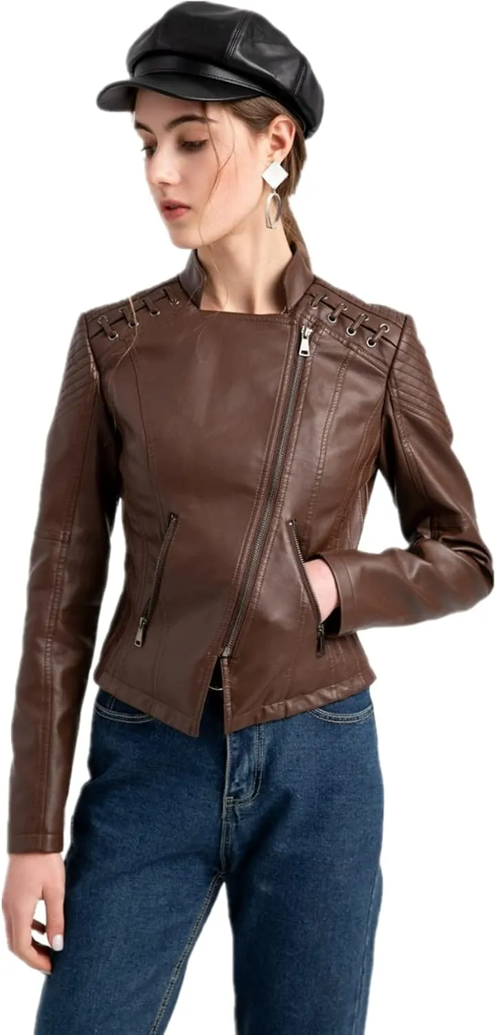 Julymens Women's Faux Leather Motorcycle Jacket Fashion Slim Fit Short Biker Coat