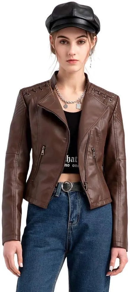 Julymens Women's Faux Leather Motorcycle Jacket Fashion Slim Fit Short Biker Coat