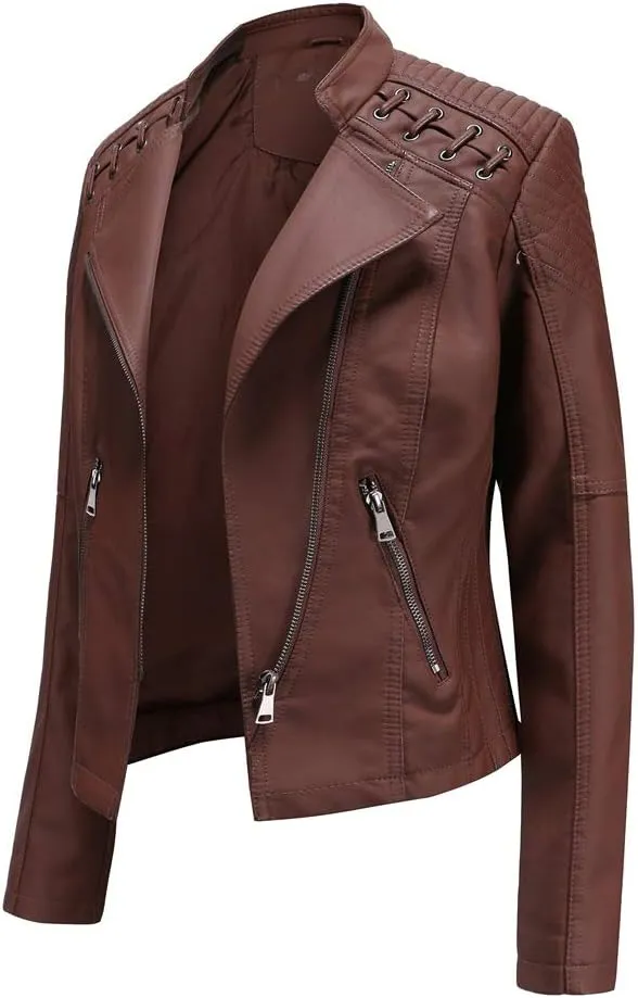 Julymens Women's Faux Leather Motorcycle Jacket Fashion Slim Fit Short Biker Coat