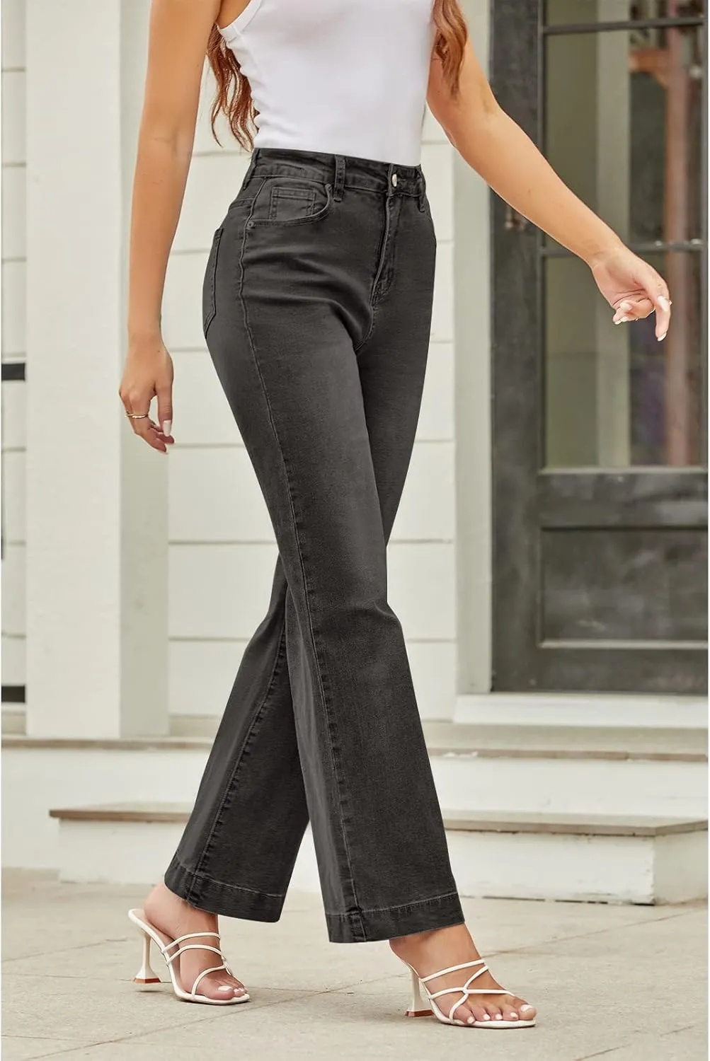 Koinshha Womens Flare Jeans High Waisted Wide Leg Baggy Stretch Boyfriend Denim Pants Trendy