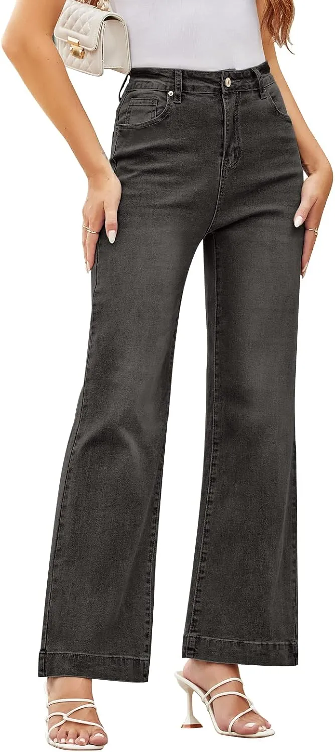 Koinshha Womens Flare Jeans High Waisted Wide Leg Baggy Stretch Boyfriend Denim Pants Trendy