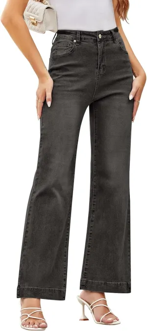 Koinshha Womens Flare Jeans High Waisted Wide Leg Baggy Stretch Boyfriend Denim Pants Trendy