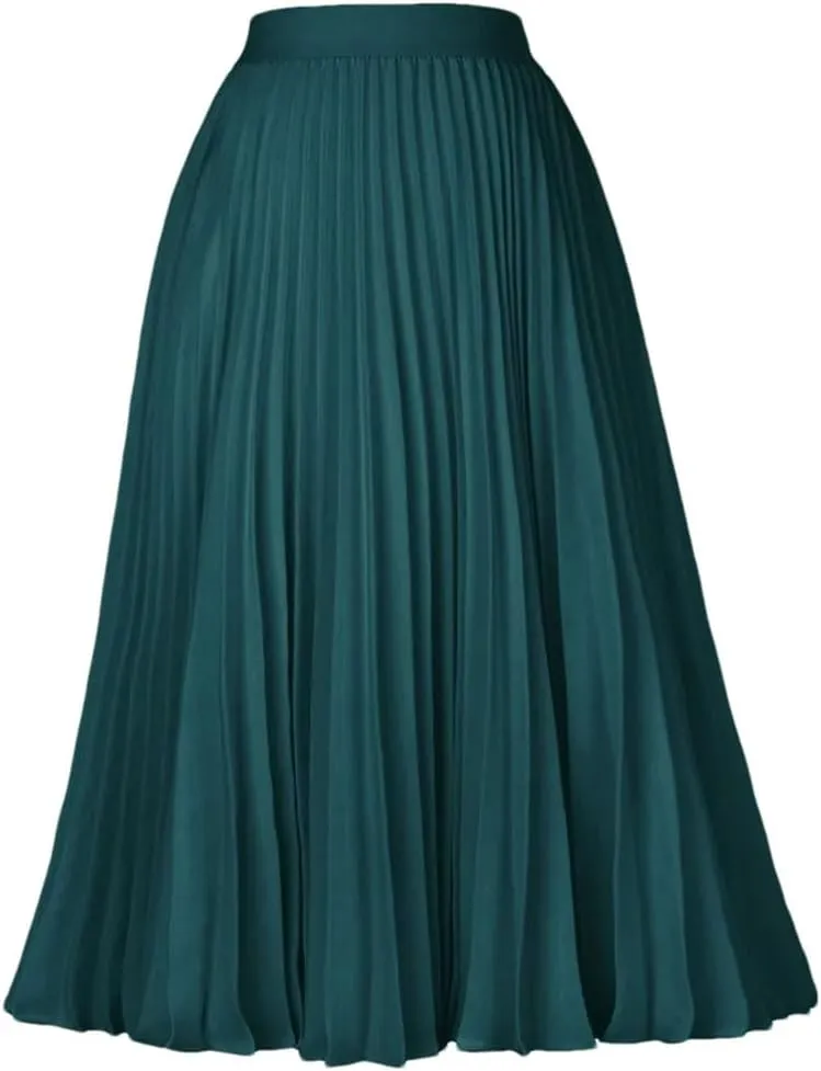 Ladies Pleated Skirts, Elastic Waist, Solid-Color, High Waist, Lined Retro Skirts