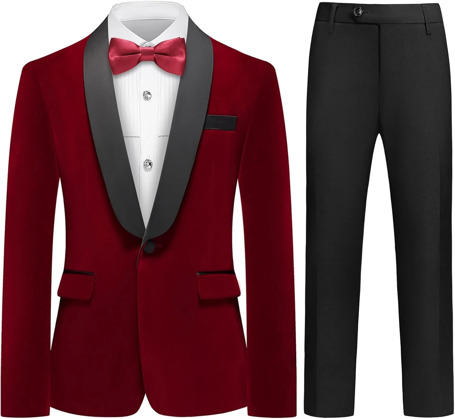 Lamgool Boys Velvet Tuxedo Suit 4 Piece Slim Fit Kids Formal Outfit Set with Blazer Dress Shirt Pant Bow Tie for Wedding