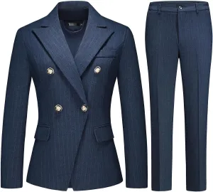 Lamgool Women's Suits 2 Piece Set Business Double Breasted Pinstripe Pant Suit Slim Fit Dressy Casual Outfits