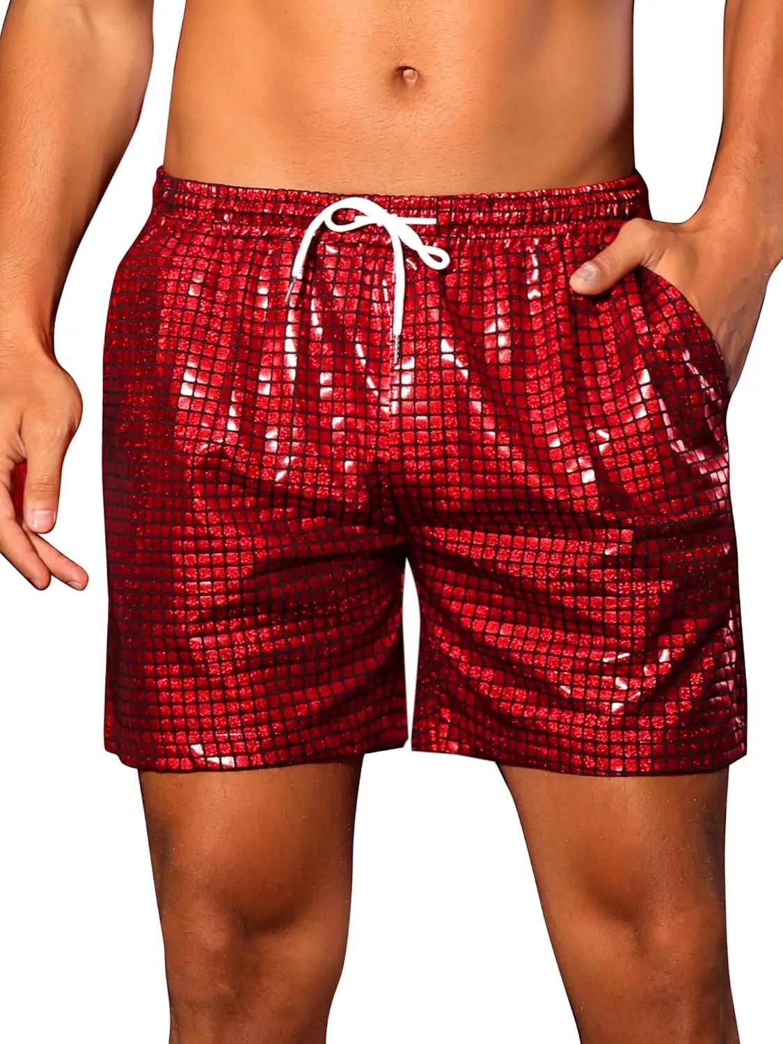 Lars Amadeus Metallic Short Pants for Men's Drawstring Elastic Waist Holographic Party Clubwear Plaid Hot Shorts