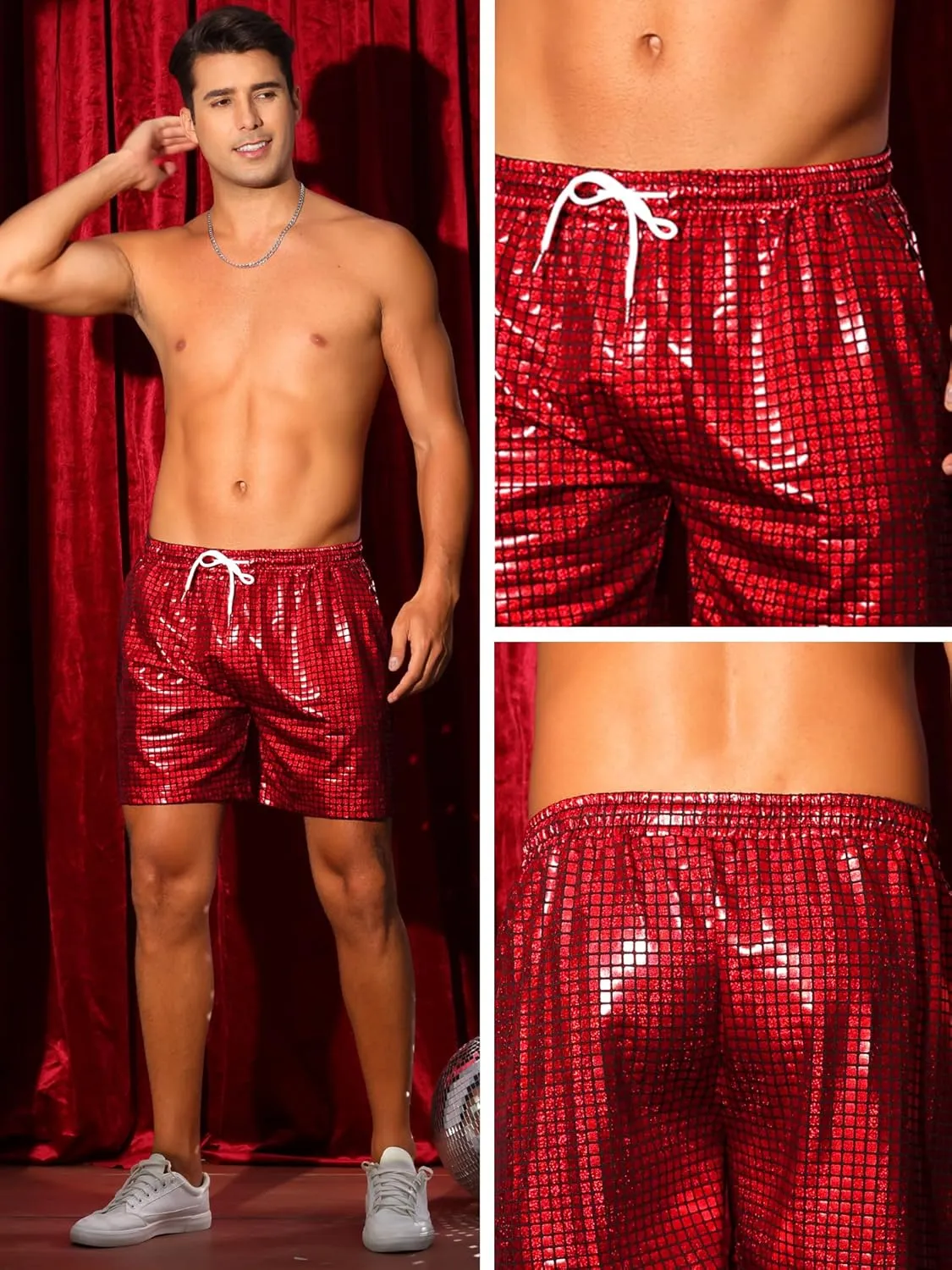 Lars Amadeus Metallic Short Pants for Men's Drawstring Elastic Waist Holographic Party Clubwear Plaid Hot Shorts