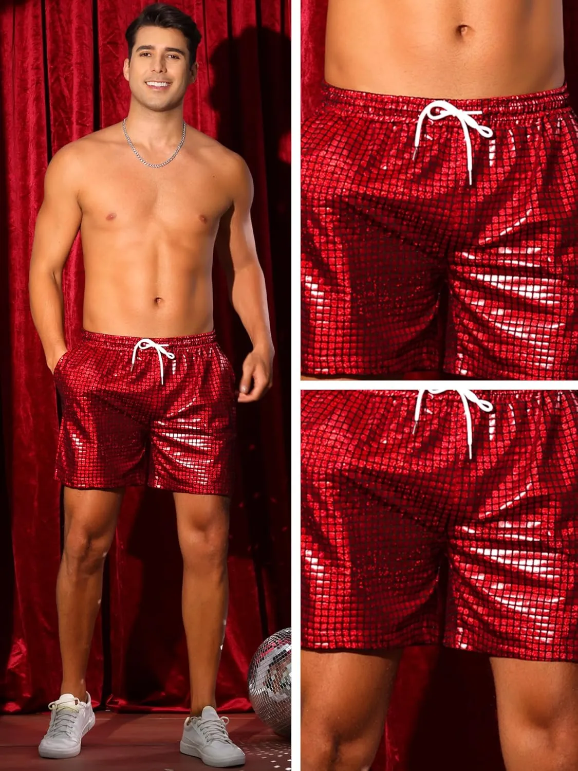 Lars Amadeus Metallic Short Pants for Men's Drawstring Elastic Waist Holographic Party Clubwear Plaid Hot Shorts