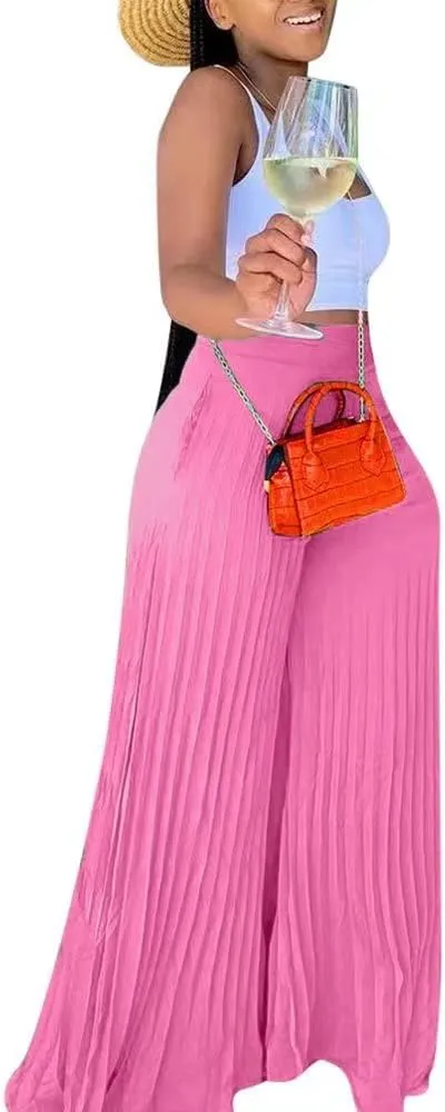 Lexiart Womens High Waisted Chiffon Loose Pleated Wide Leg Palazzo Pants