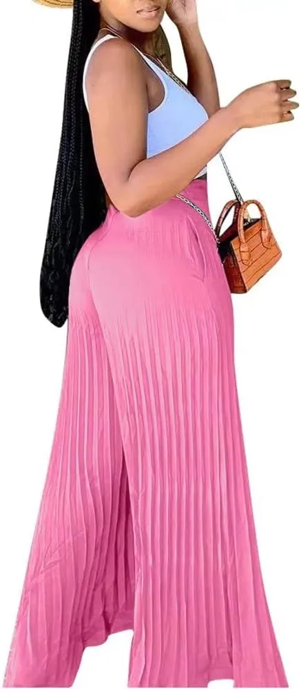 Lexiart Womens High Waisted Chiffon Loose Pleated Wide Leg Palazzo Pants