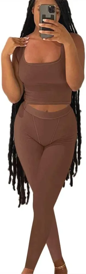 LICOBOD Casual Workout Sets 2 Piece Outfits for Women Ribbed Crop Tank Top High Waist Yoga Leggings Lounge Wear Tracksuit