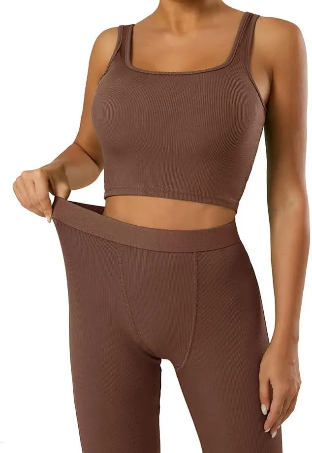 LICOBOD Casual Workout Sets 2 Piece Outfits for Women Ribbed Crop Tank Top High Waist Yoga Leggings Lounge Wear Tracksuit