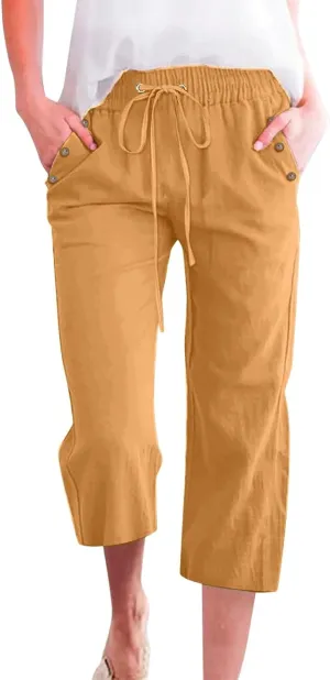 Linen Capri Pants for Women Casual 2025 Summer Drawstring Elastic High Waist Pant Straight Wide Leg Cropped Trouser