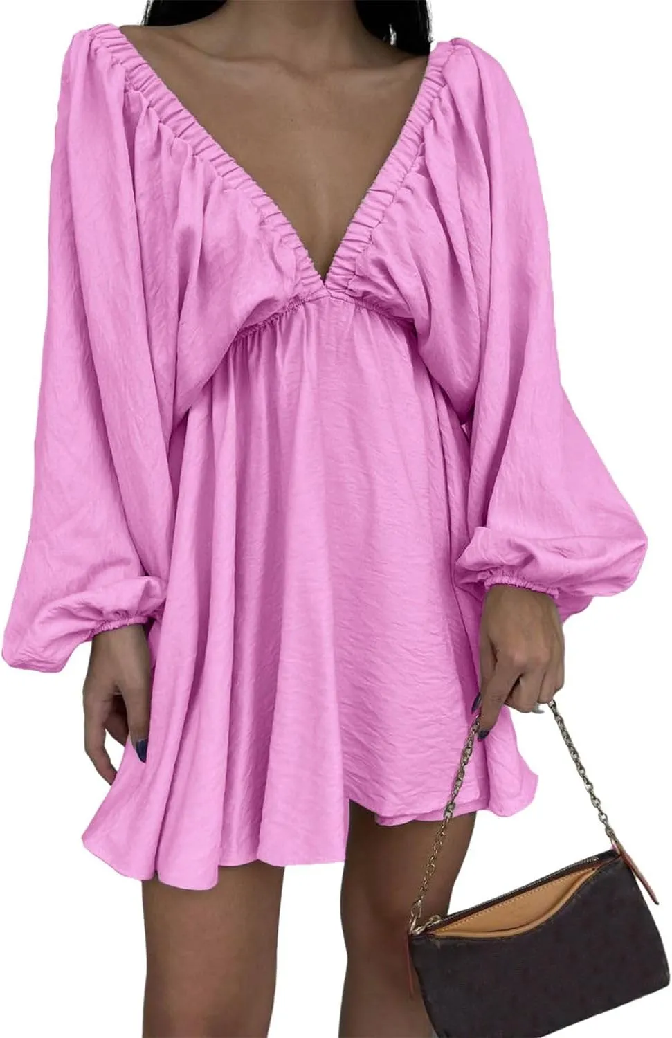 LOFAAC Women Sexy Deep V Neck Puff Long Sleeve Mini Dress Backless High Waist Ruffle Short Dress Party Club Fall Dress
