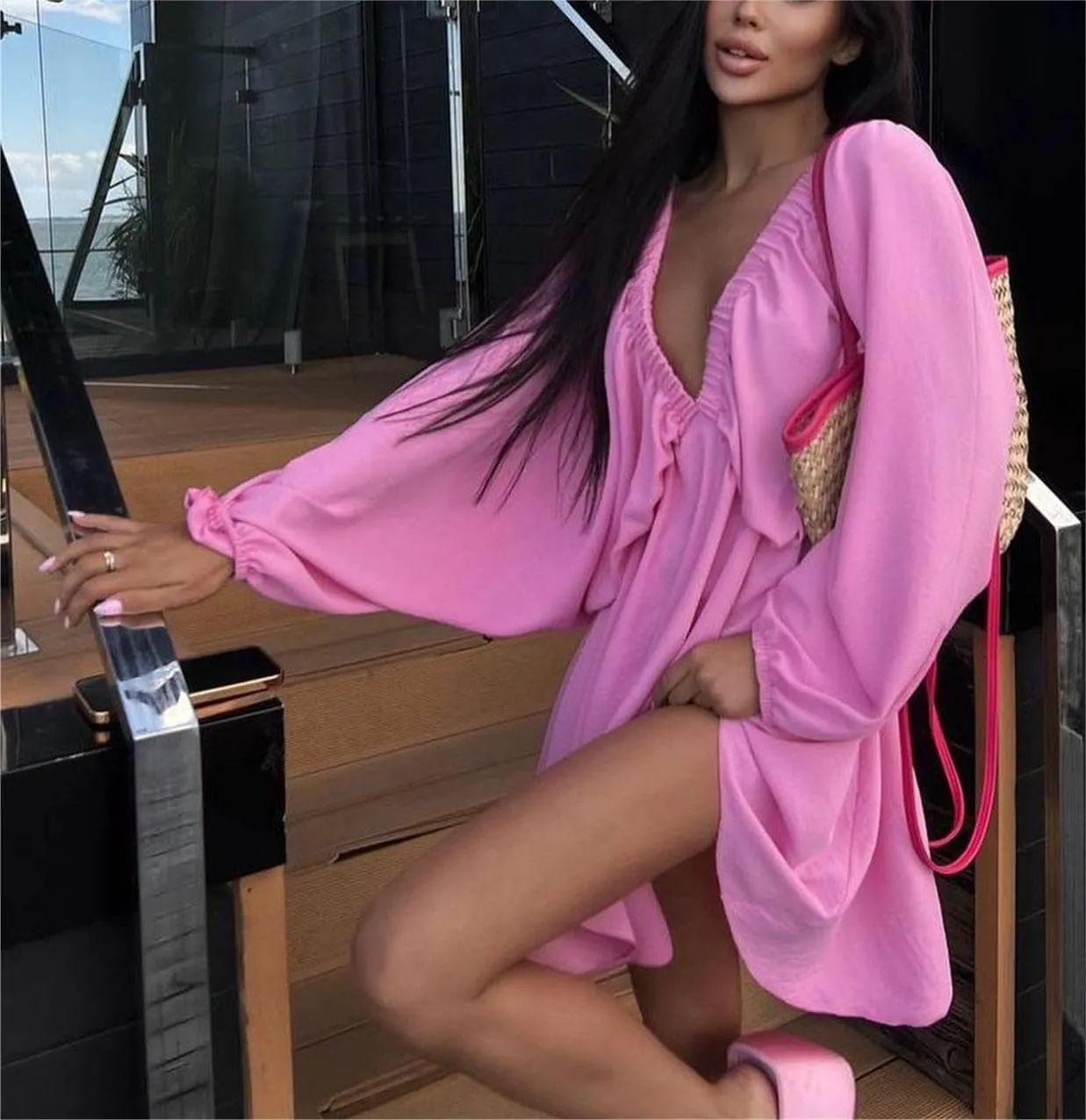 LOFAAC Women Sexy Deep V Neck Puff Long Sleeve Mini Dress Backless High Waist Ruffle Short Dress Party Club Fall Dress