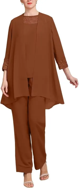 Long Sleeves 3 Pieces Mother of The Bride Pant Suits Sets Wedding Guest Lace with Jacket
