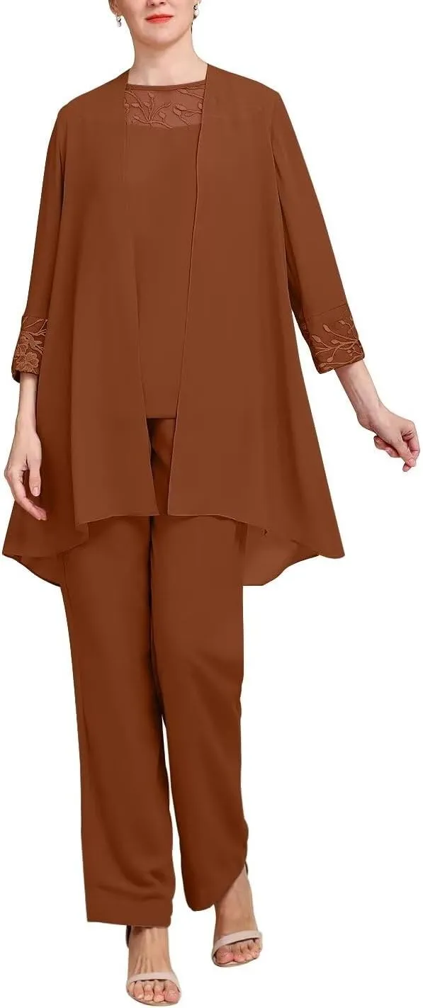 Long Sleeves 3 Pieces Mother of The Bride Pant Suits Sets Wedding Guest Lace with Jacket